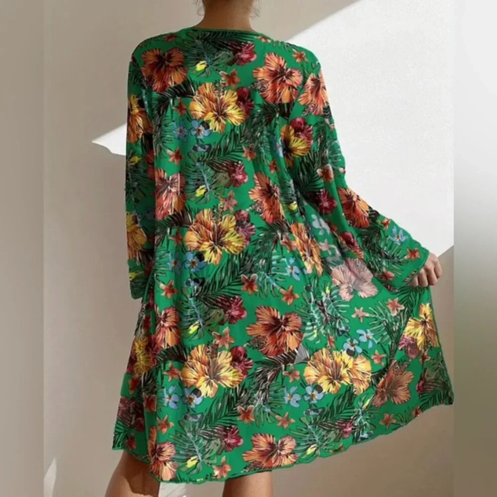 Dark Green Tropical Bikini & Cover Up, Print High Stretch 3 Piece